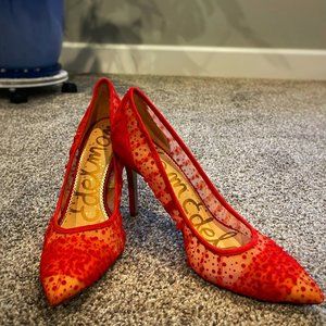 Hazel Red Dotted Tulle & Leather Pointed Toe Pumps